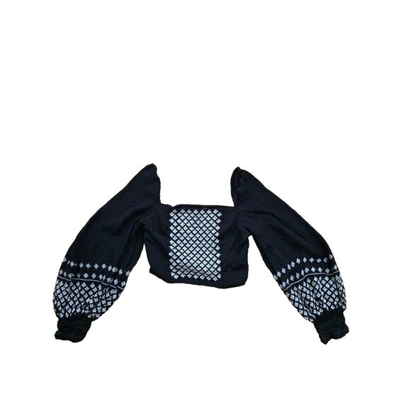 Rahi Women's Black Long-Sleeve Embroidered Square Neck Cropped Top XS A001532 - Picture 2 of 7